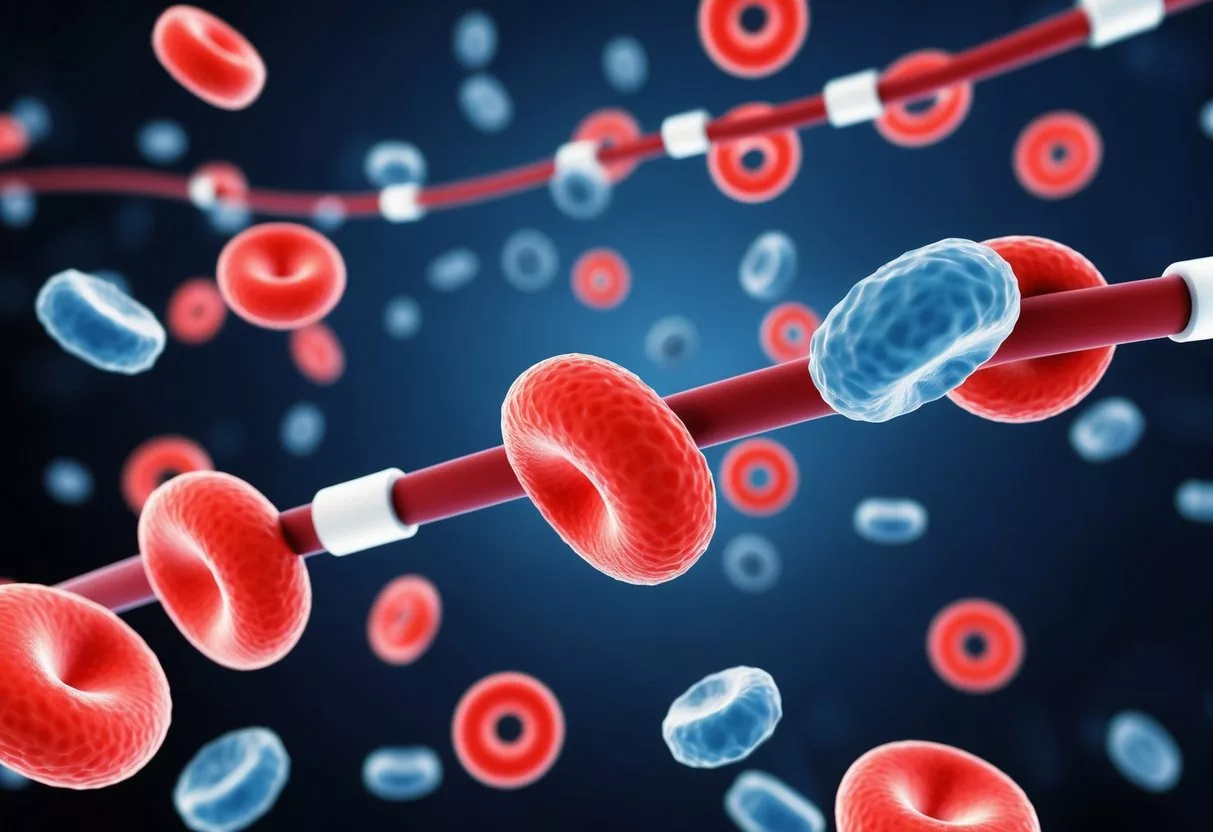 A magnified view of a bloodstream with red and white blood cells, showing the effects of low magnesium levels on cell function