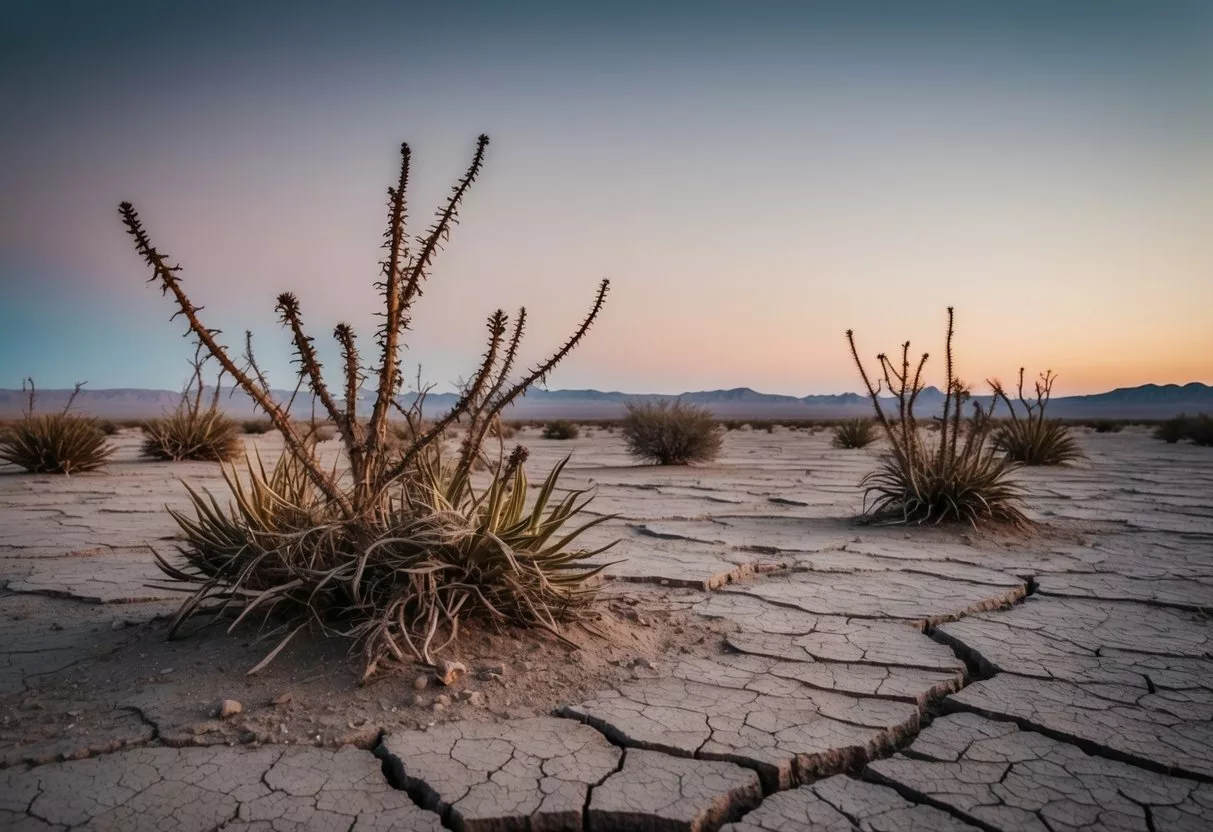 A barren desert landscape with wilted plants and cracked earth, under a dim, hazy sky