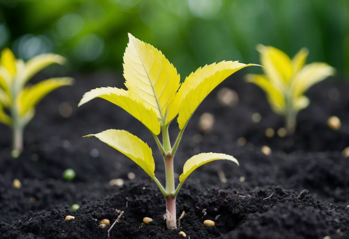 A plant with yellowing leaves and stunted growth, surrounded by soil with visible signs of nutrient depletion