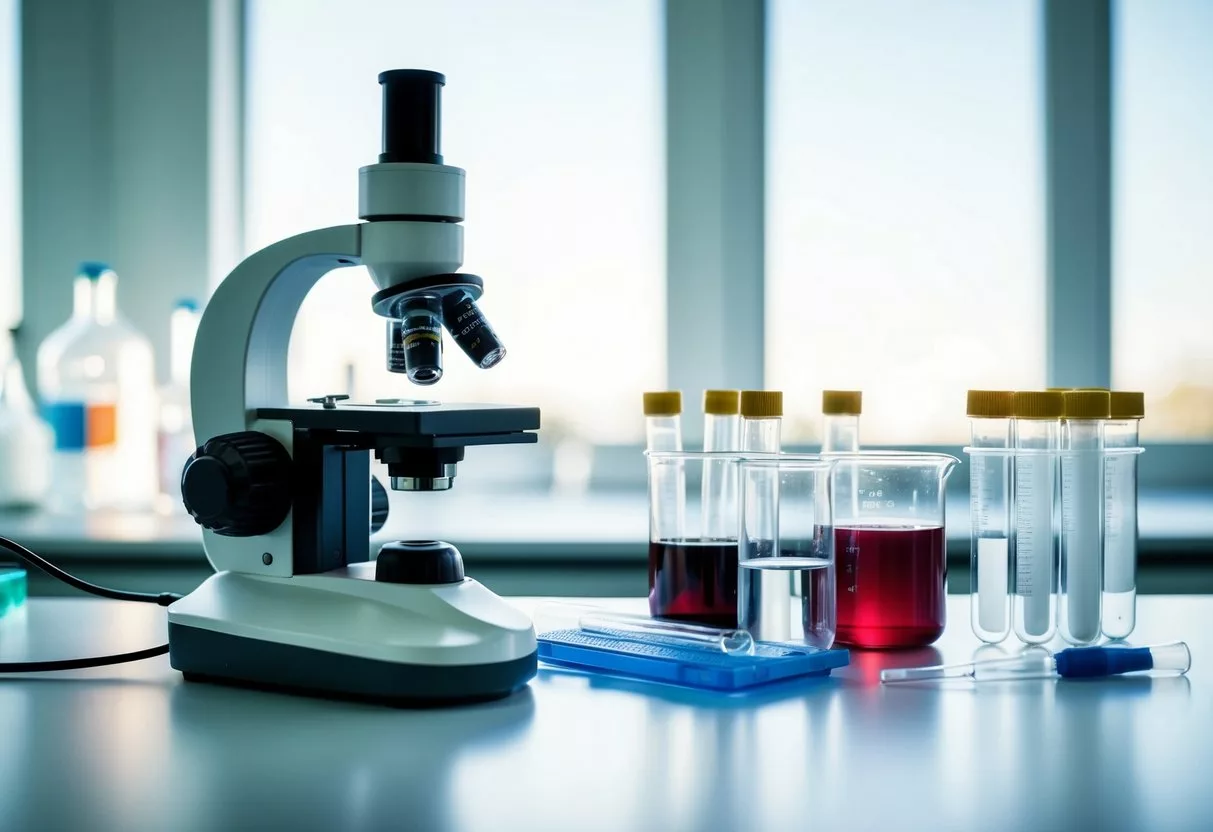 A laboratory setting with test tubes, beakers, and a blood sample under a microscope