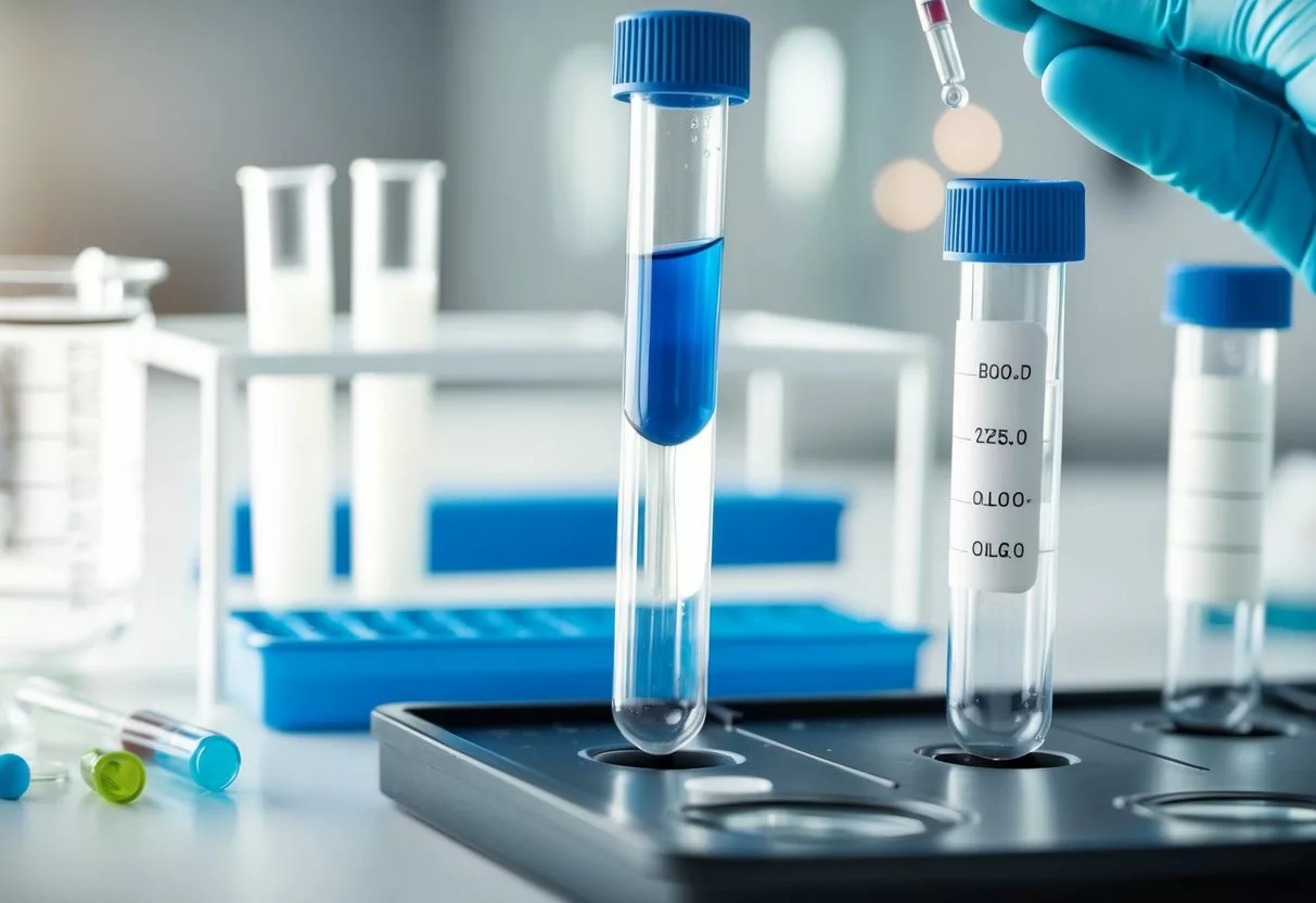 A laboratory setting with test tubes and equipment, a blood sample being analyzed for magnesium levels