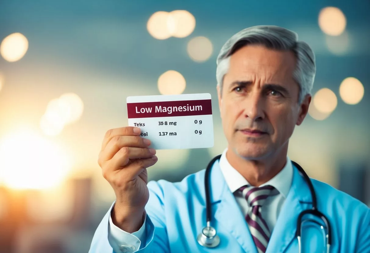 A doctor holding a blood test result showing low magnesium levels, with concerned expression