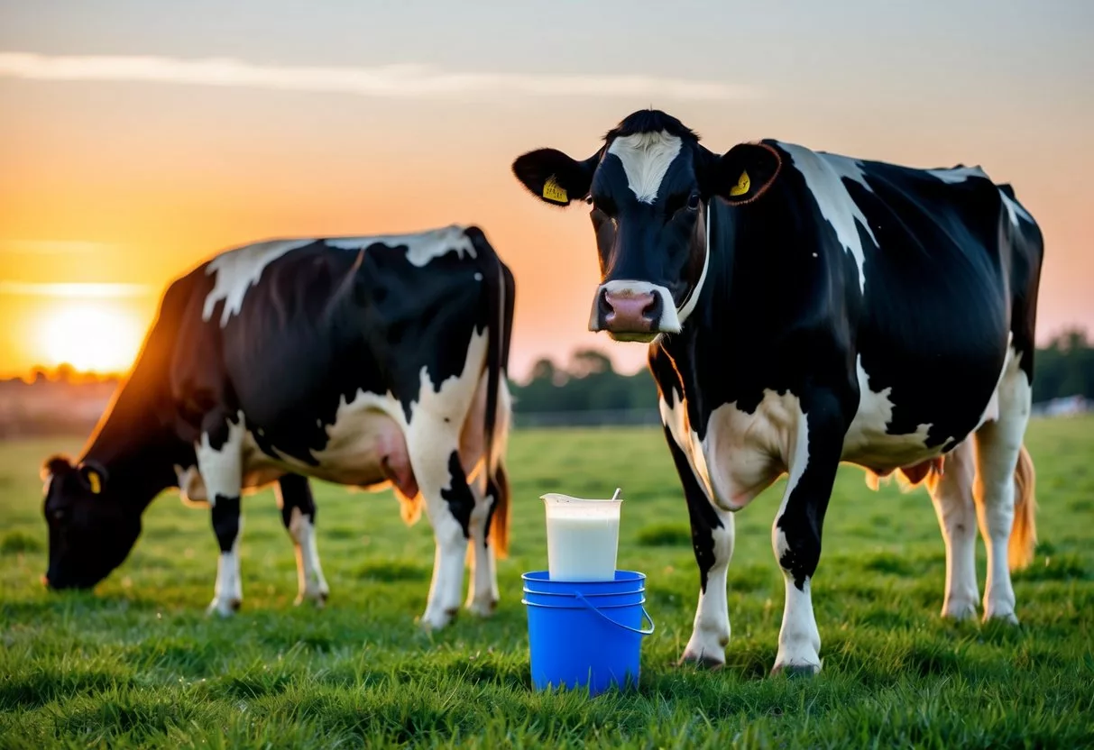 A cow stands in a green pasture, with a small bucket of raw milk next to it. The sun is setting in the background, casting a warm glow over the scene