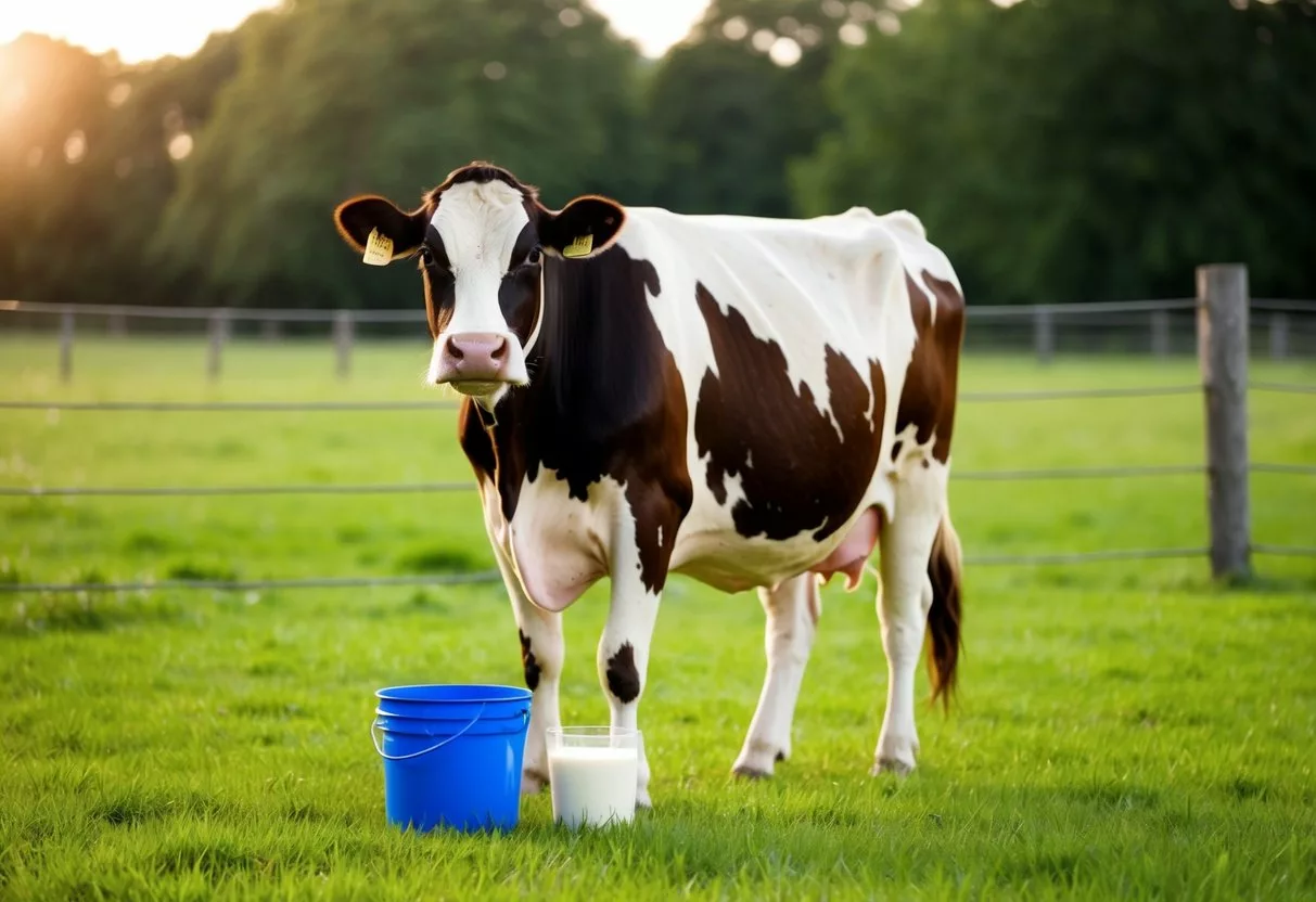 A cow standing in a green pasture, with a bucket of milk next to it. The cow is surrounded by a fence and there are trees in the background