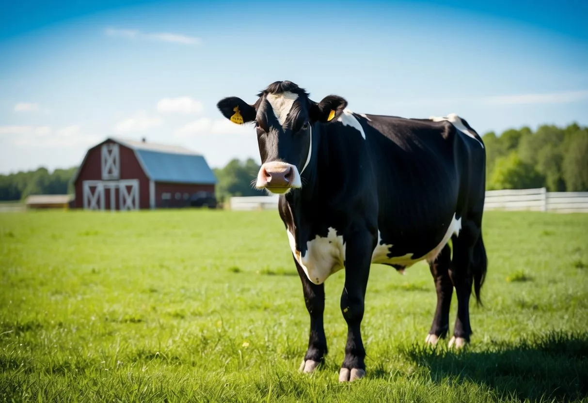 A cow standing in a lush green pasture, with a clear blue sky and a small barn in the background