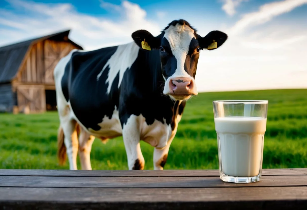 A cow standing in a green pasture, with a rustic barn in the background, and a clear glass of raw milk on a wooden table