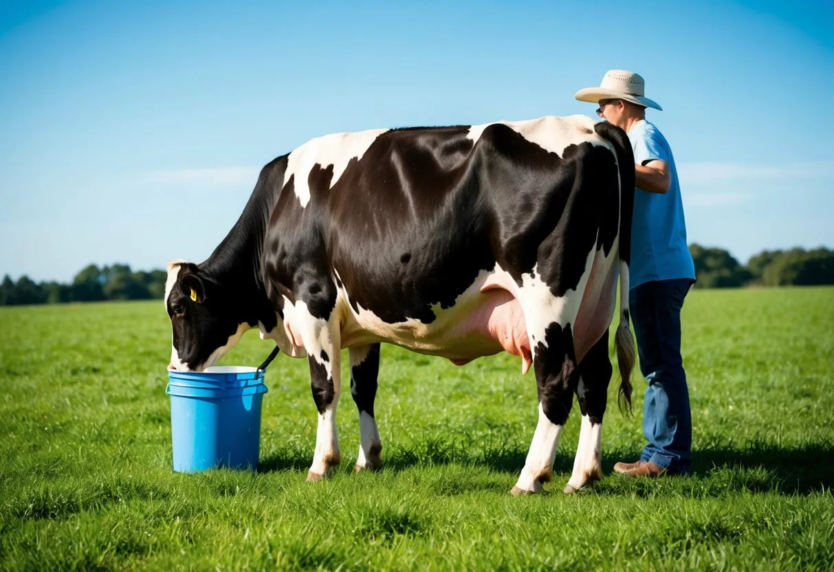 A cow standing in a green pasture, with a clear blue sky in the background. A person milking the cow into a bucket