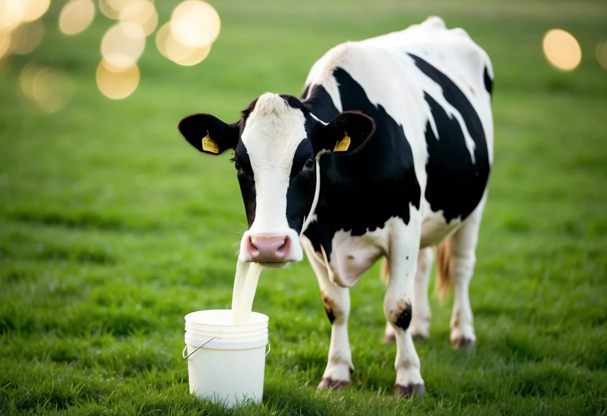 A cow standing in a green pasture, with a bucket of freshly milked raw milk beside it