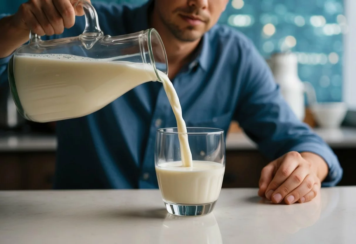 A person pouring raw milk from a glass jug into a drinking glass, with a concerned expression on their face