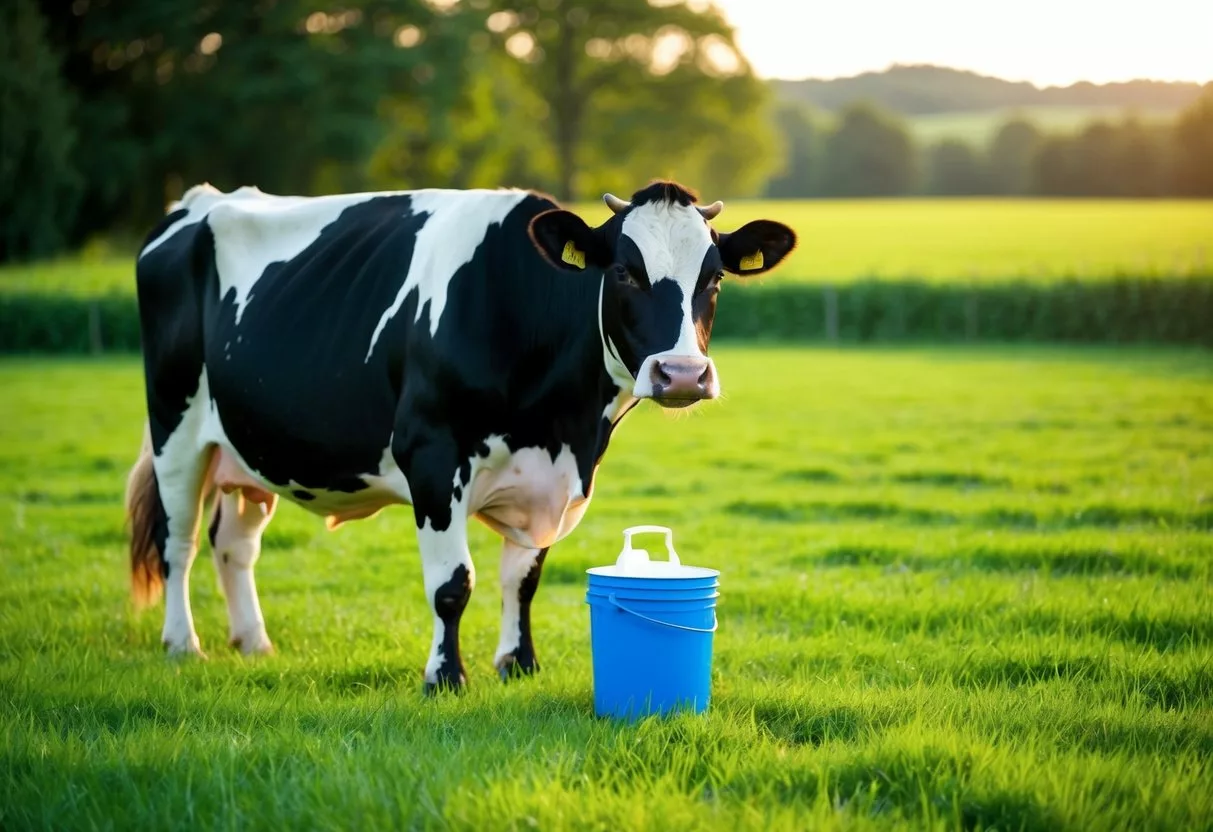 A cow standing in a lush green pasture, with a bucket of milk next to it