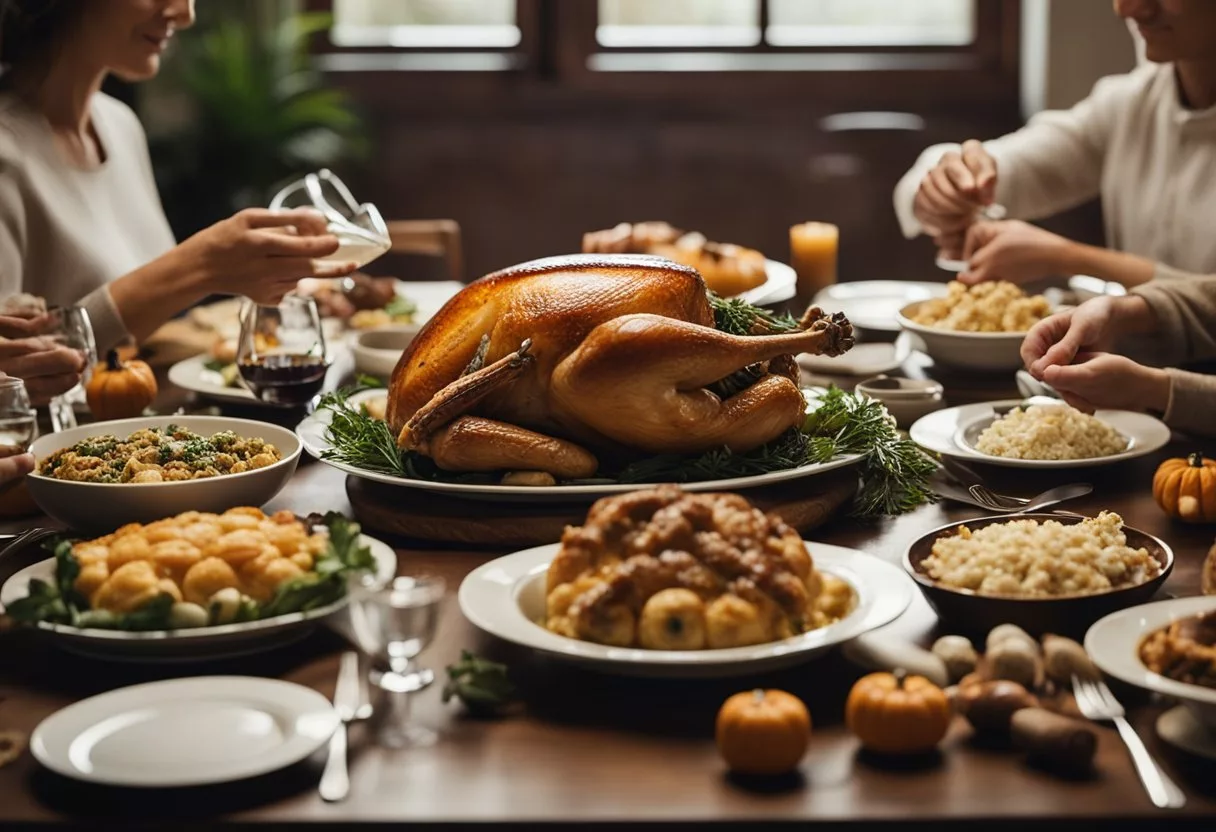 A crowded Thanksgiving table with various dishes and utensils, surrounded by sneezing and coughing people