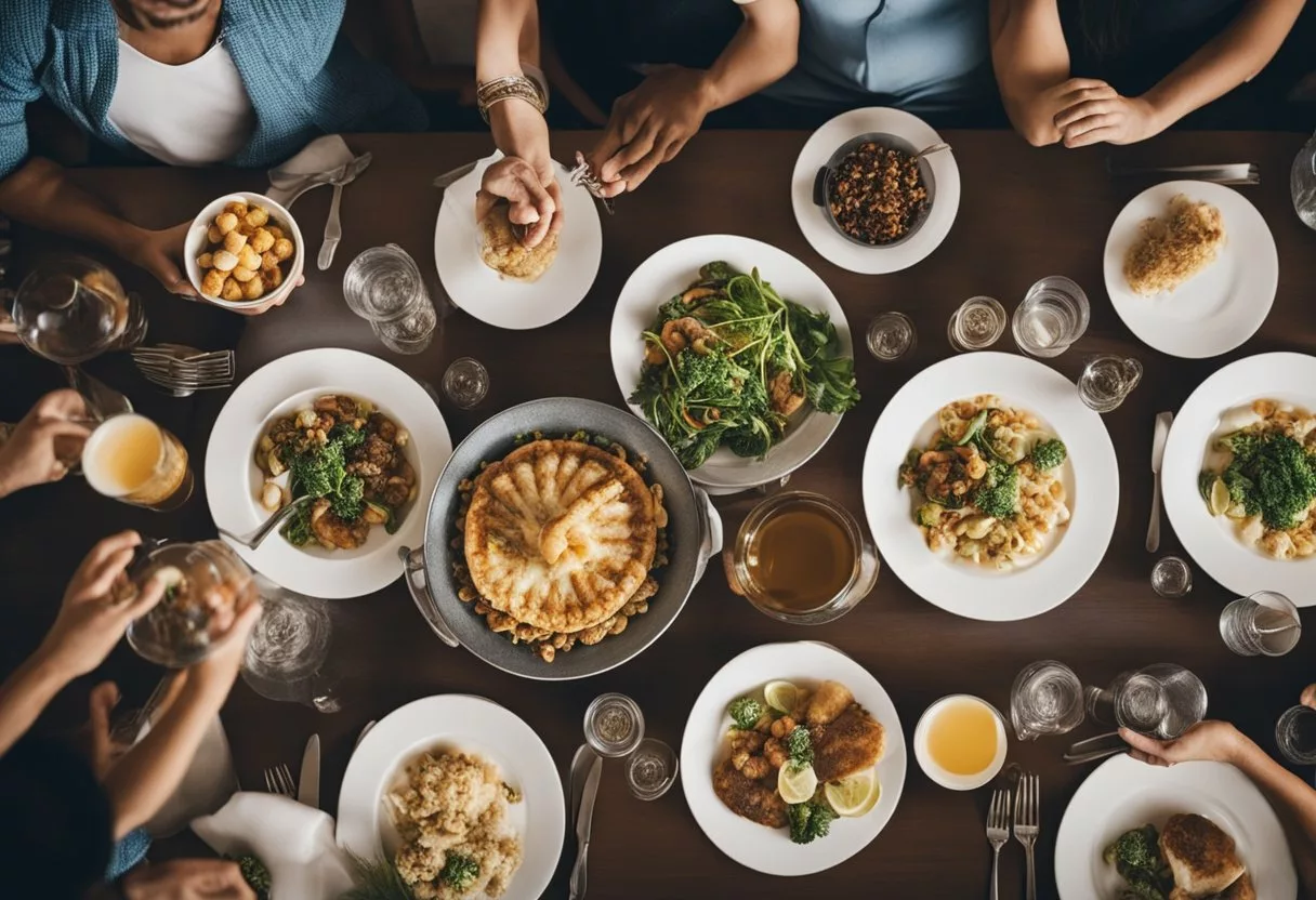 A crowded dining table with various dishes, surrounded by coughing and sneezing guests