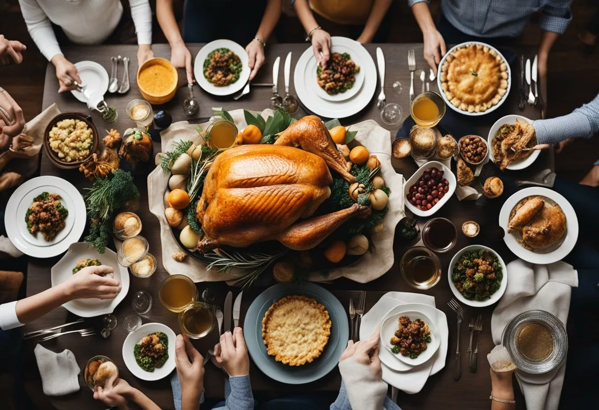 A crowded Thanksgiving table with shared dishes and close proximity between guests