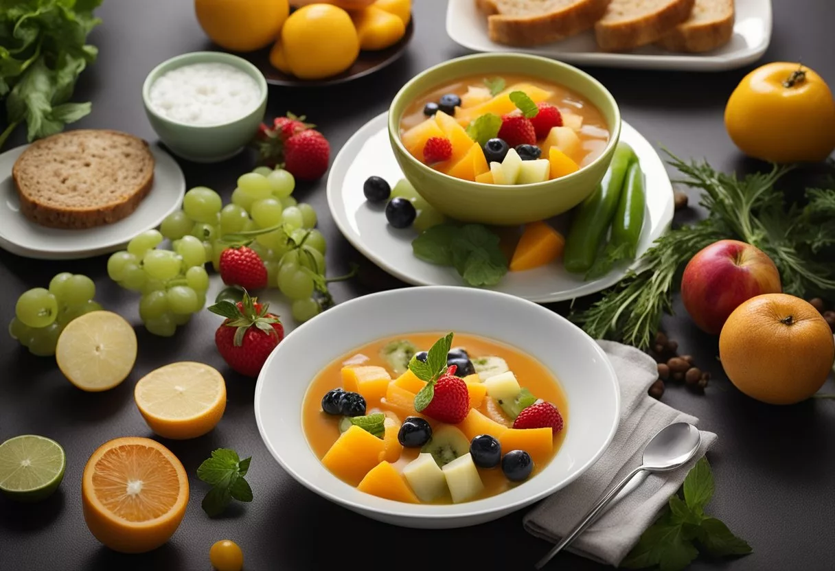 A table set with colorful fruits, vegetables, and hand sanitizer. A thermometer and a bowl of soup sit nearby