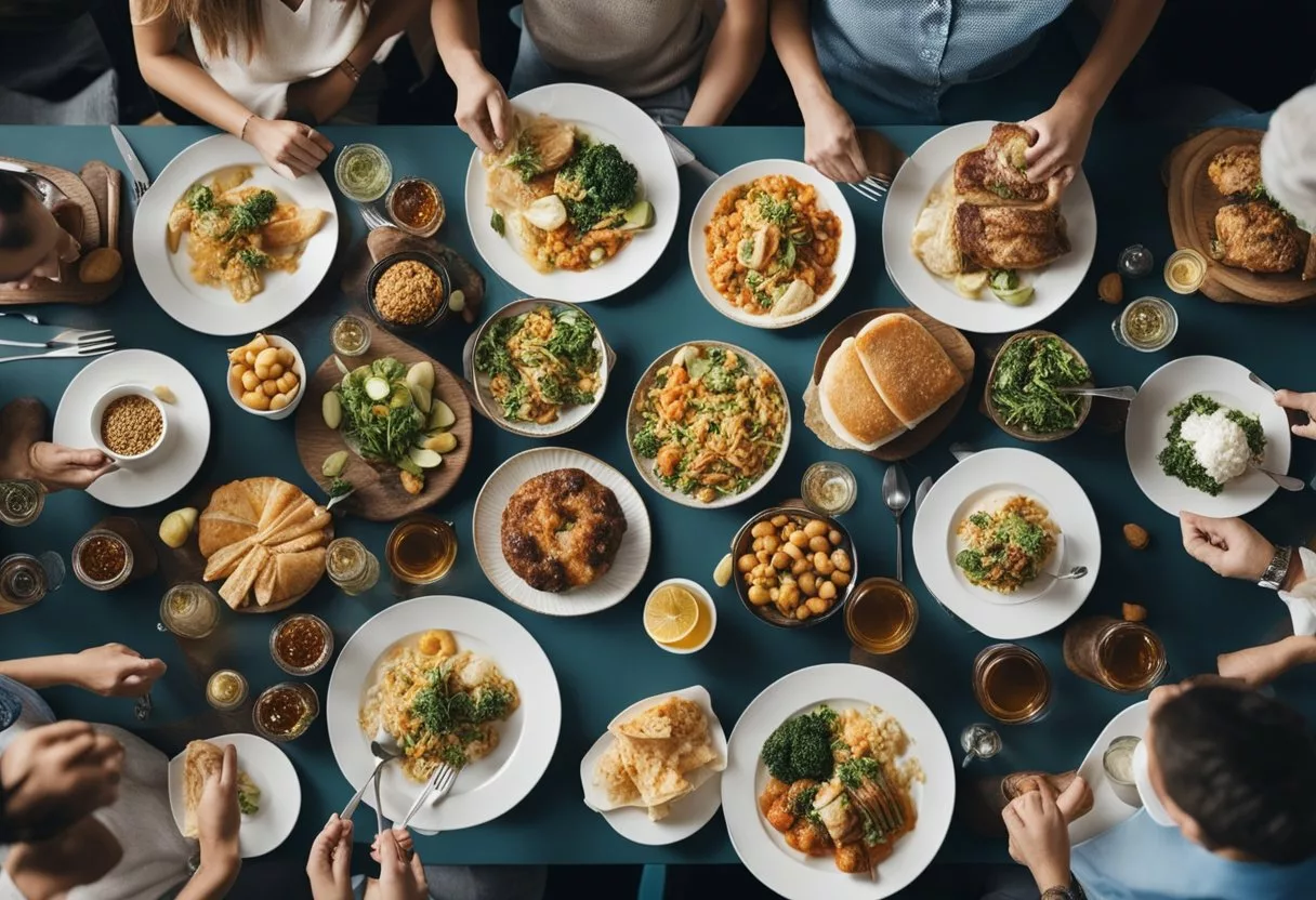 A crowded dining table with various food dishes, surrounded by coughing and sneezing individuals