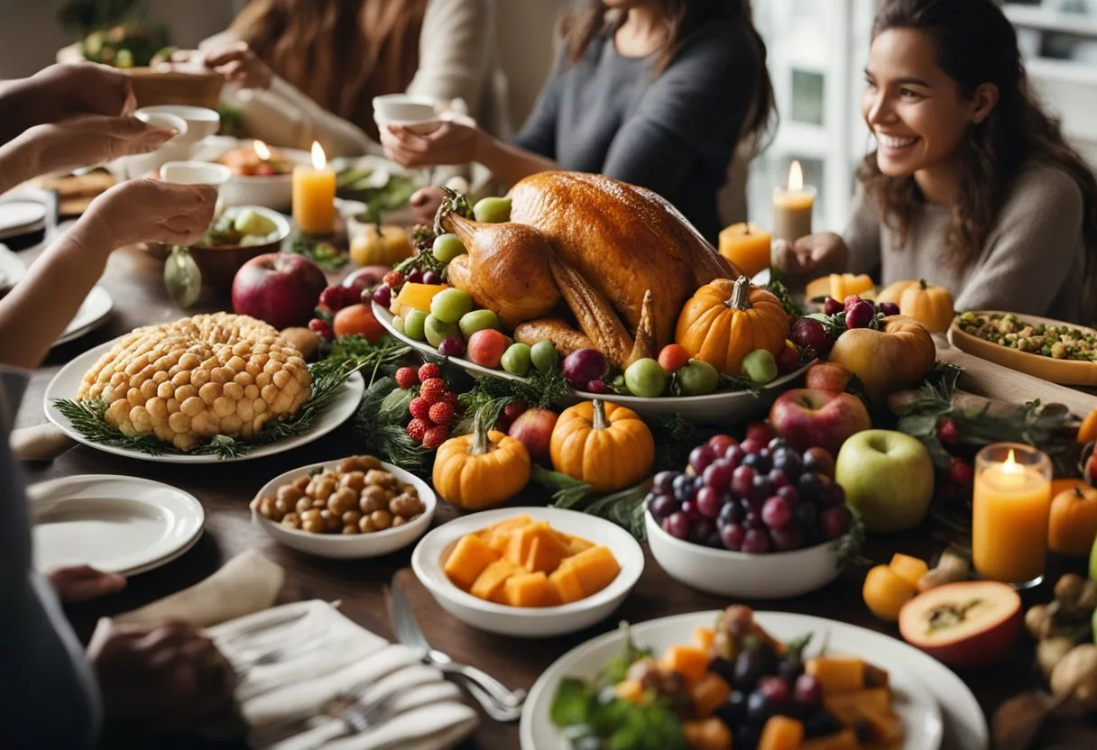 A festive Thanksgiving table with a variety of colorful fruits, vegetables, and immune-boosting foods, surrounded by family and friends