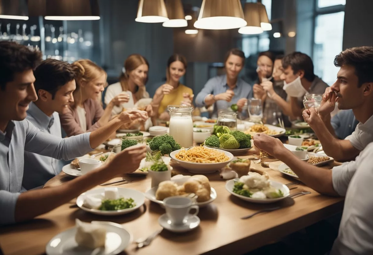 A crowded dining table with various dishes and utensils. People coughing and sneezing. A thermometer and tissues on the side