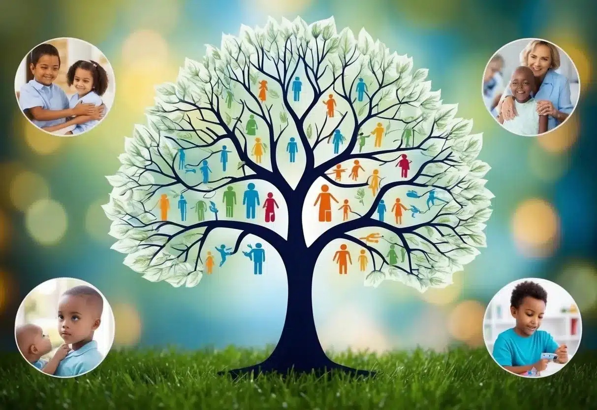 A family tree with branches representing different health conditions, surrounded by images of childhood interventions such as vaccinations and healthy lifestyle choices