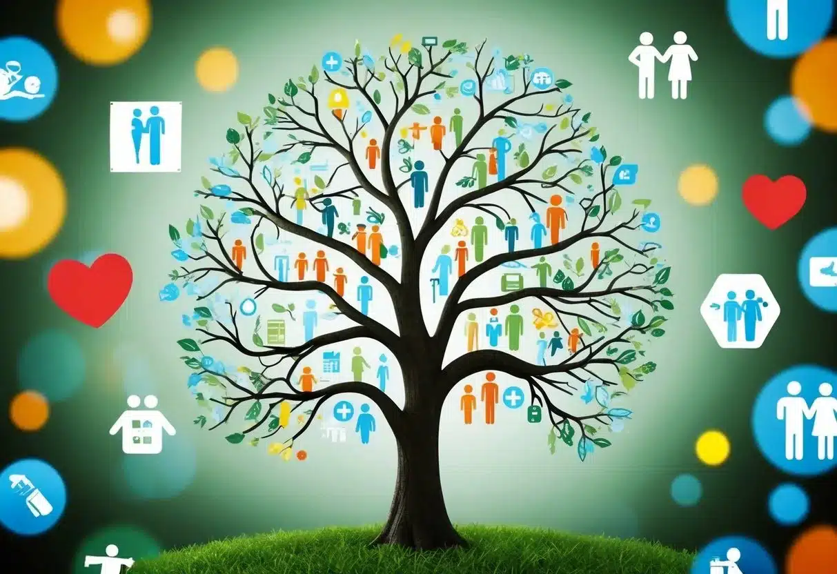 A family tree with branches representing different health conditions, surrounded by childhood intervention symbols