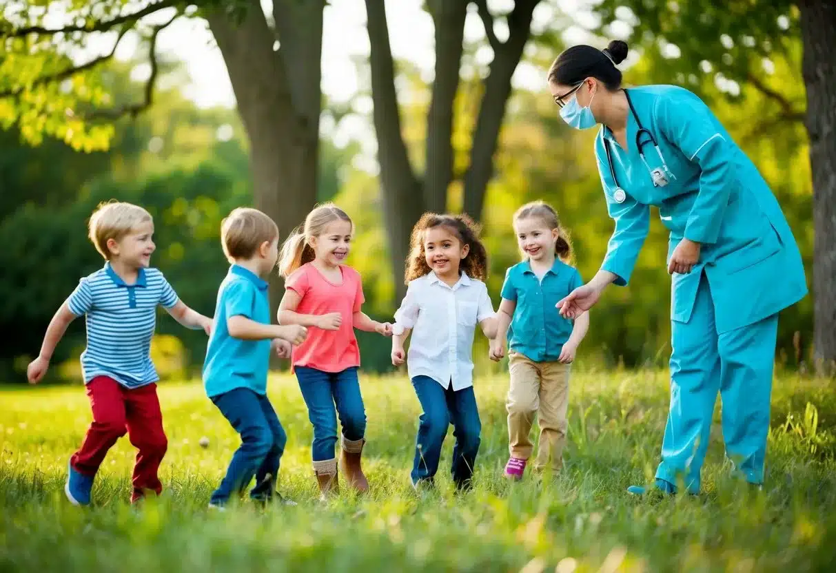 A group of children playing outside, surrounded by trees and nature, with a healthcare professional observing and interacting with them