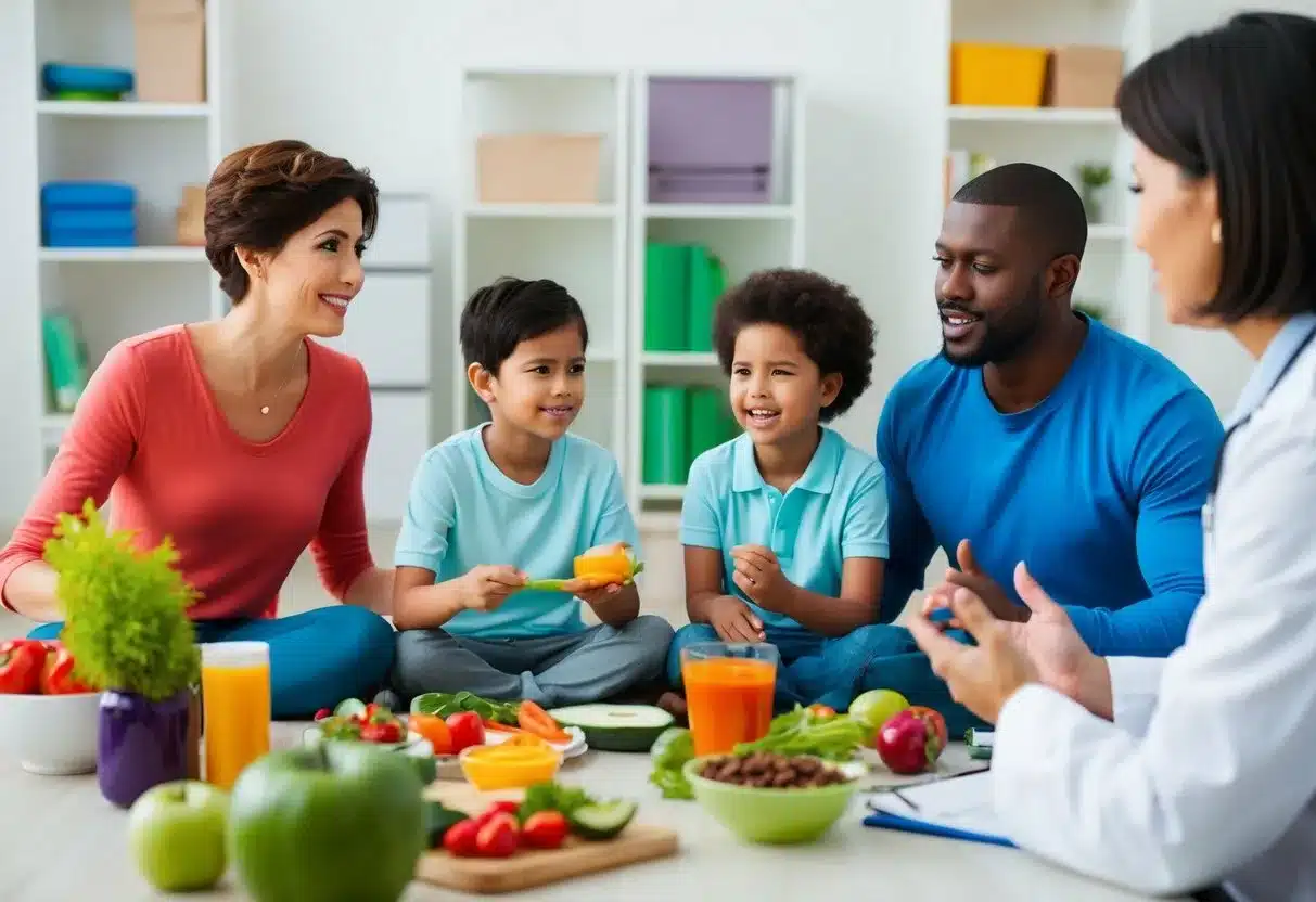 A family sitting together, surrounded by healthy food and exercise equipment, while a healthcare professional discusses prevention strategies and interventions