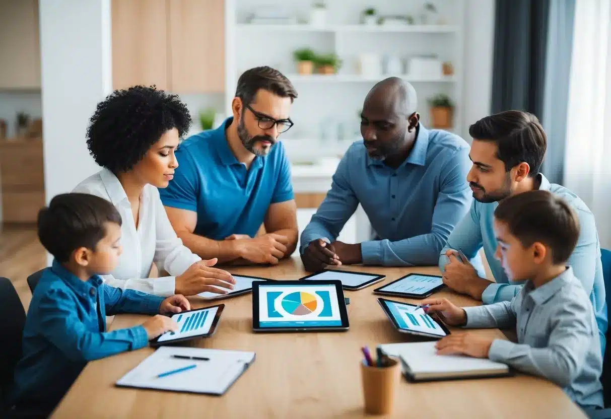 A family gathered around a table, discussing health history and using technology to track childhood interventions