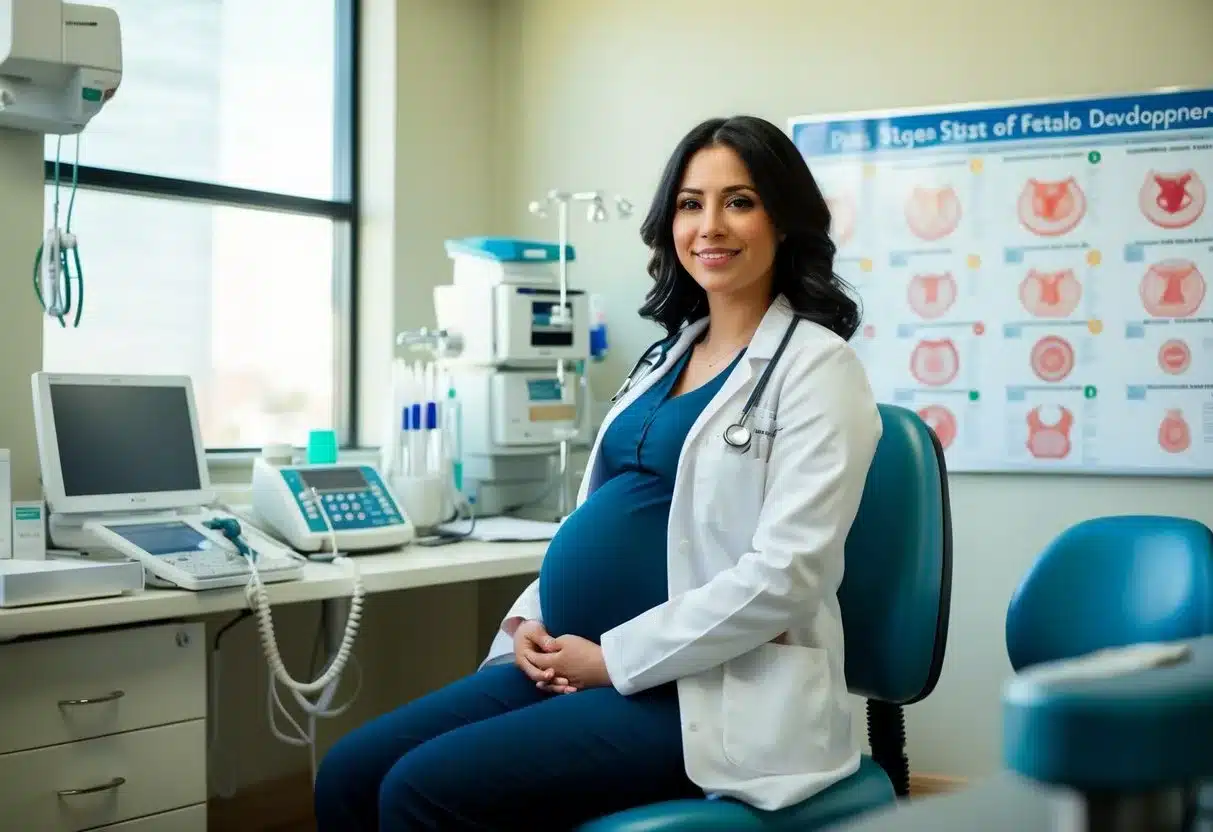 A pregnant woman sitting in a doctor's office, surrounded by medical equipment and charts showing the stages of fetal development