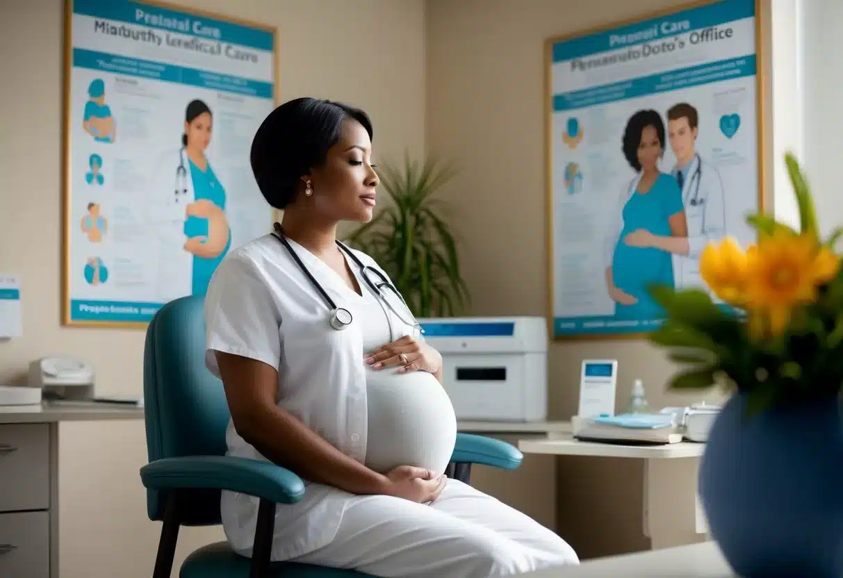 A serene, pregnant figure sits in a cozy doctor's office, surrounded by nurturing medical professionals and informative posters on prenatal care