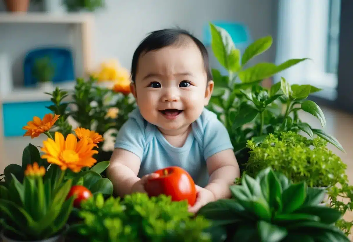 A baby surrounded by healthy and vibrant plants, symbolizing the positive impact of adequate prenatal care on childhood and adult health