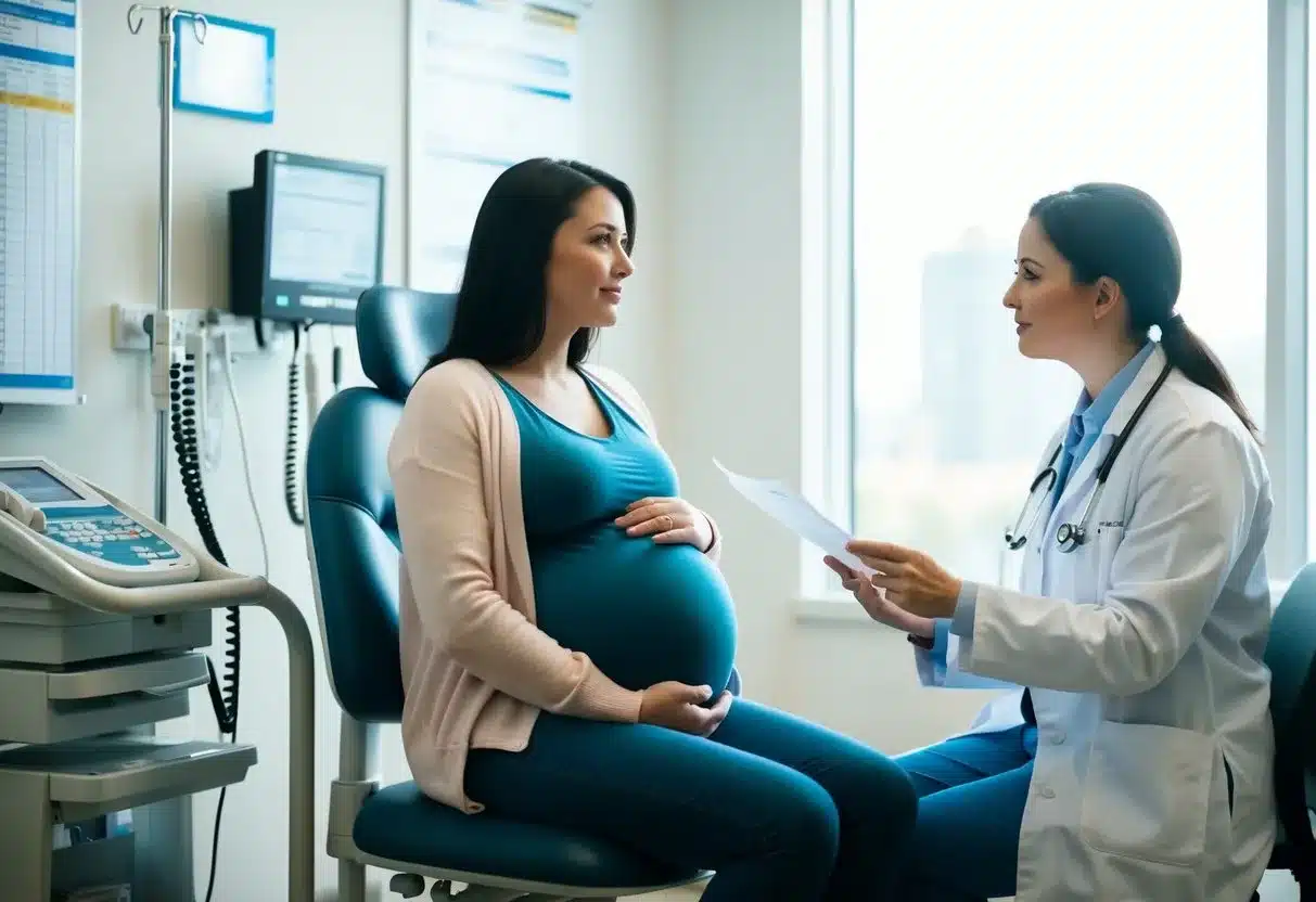 A pregnant person sitting in a doctor's office, surrounded by medical equipment and charts, while a healthcare provider discusses prenatal care options