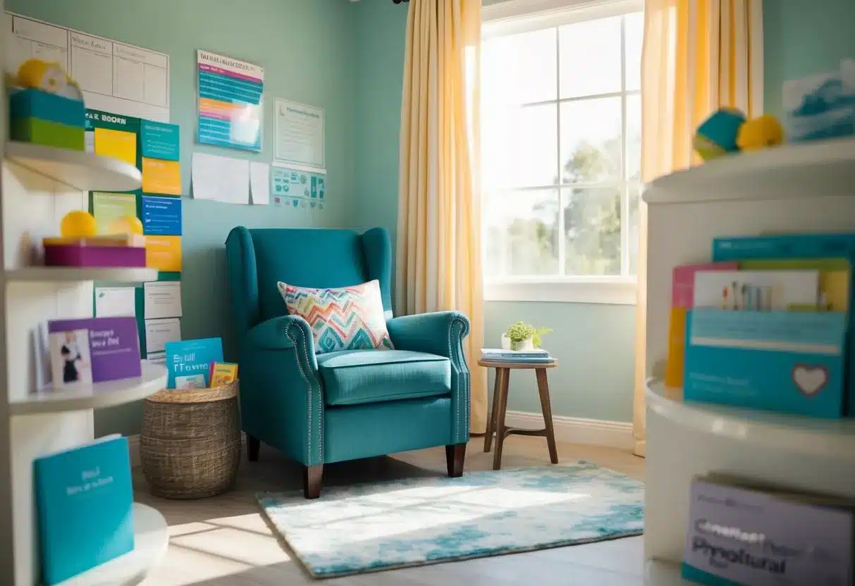 A serene, sunlit room with a comfortable chair for expectant mothers, surrounded by colorful educational materials and prenatal care resources