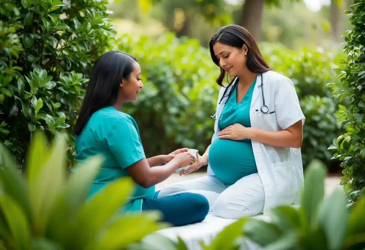 A serene, peaceful setting with a mother surrounded by lush greenery, receiving prenatal care from a healthcare provider