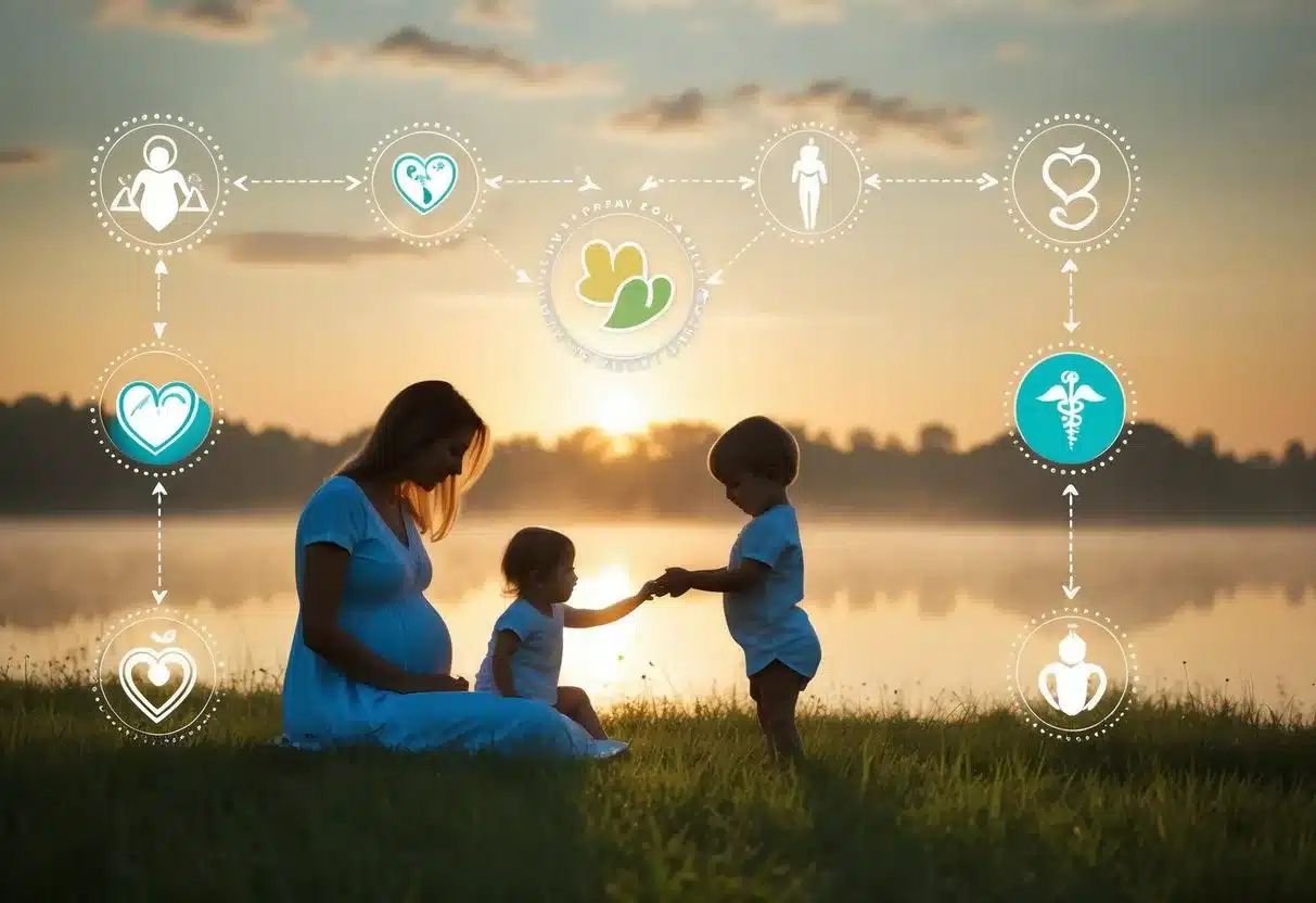 A serene, idyllic landscape with a mother and child silhouette, surrounded by symbols of prenatal care and healthy development