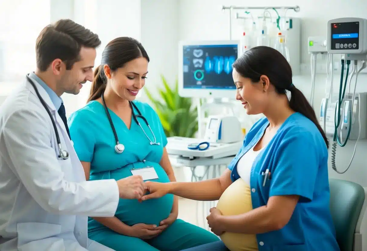 A pregnant woman receiving prenatal care in a clinic, surrounded by medical professionals and equipment