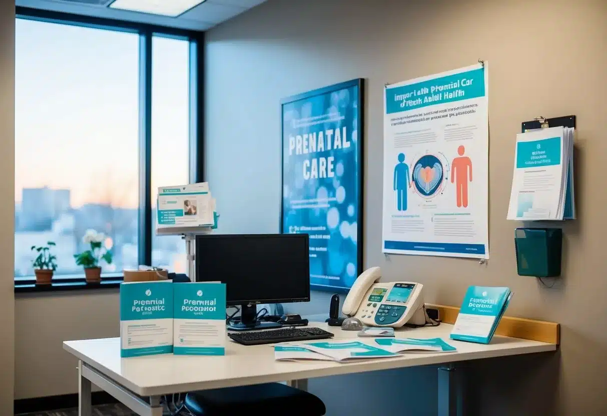 A doctor's office with prenatal care brochures, medical equipment, and a research poster on the impact of prenatal care on childhood and adult health