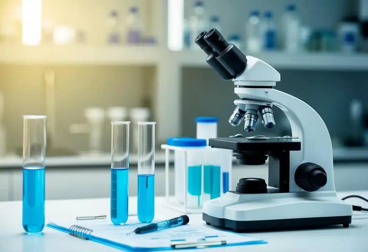 A laboratory setting with test tubes, a microscope, and a chart showing low levels of alkaline phosphatase (ALP) in a medical report