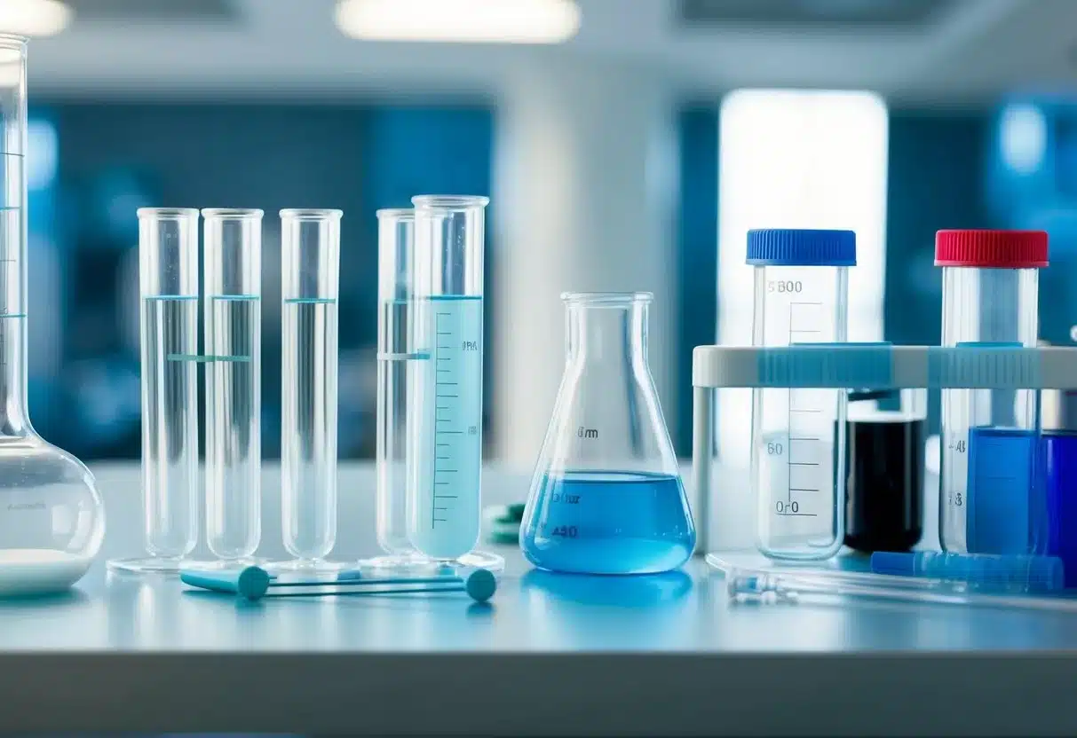 A laboratory setting with test tubes, beakers, and equipment used to measure alkaline phosphatase levels