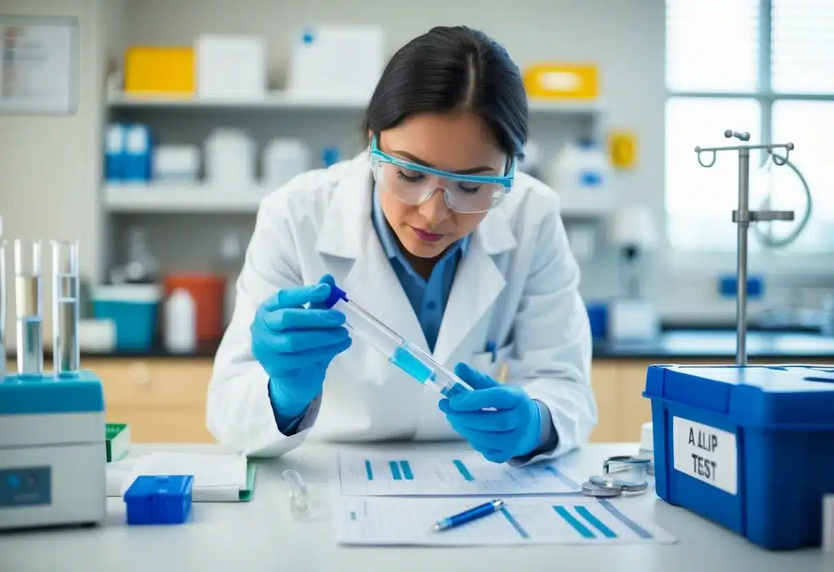 A laboratory technician examining a test tube with low ALP levels, surrounded by medical equipment and charts