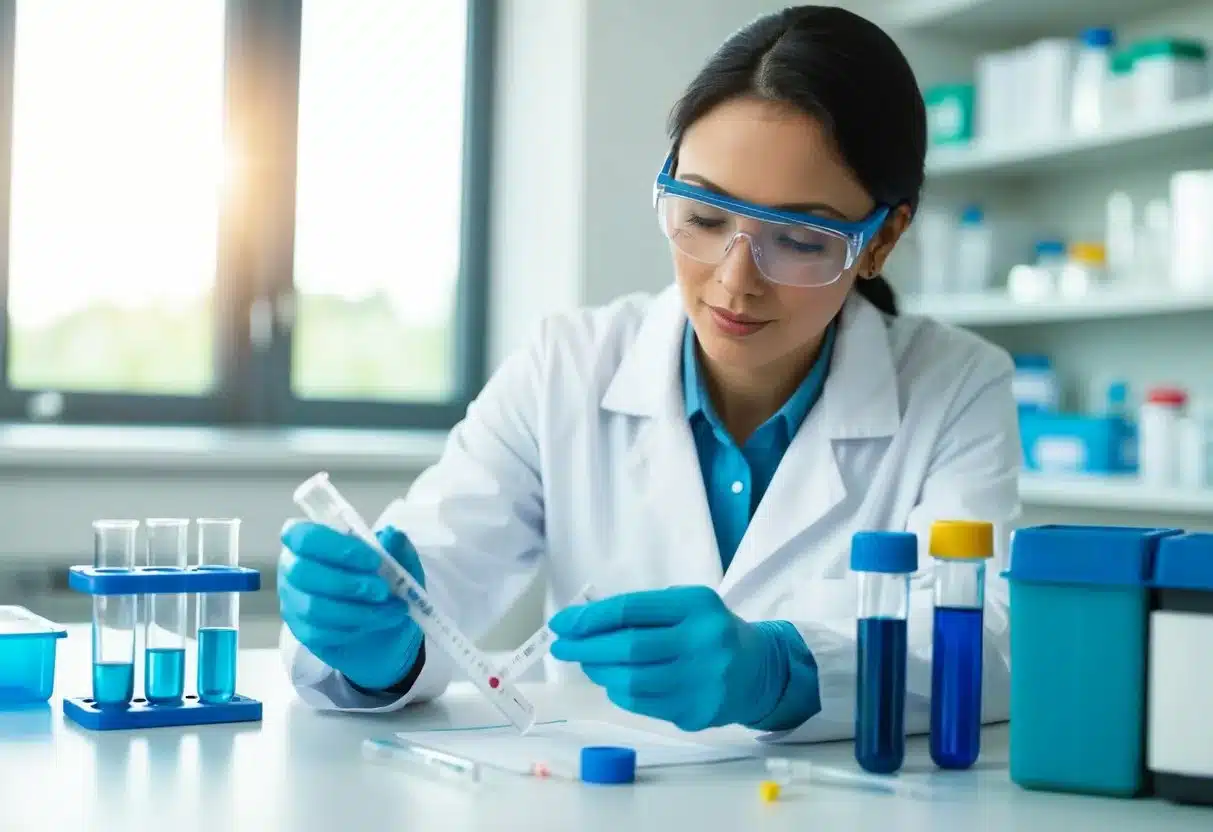 A laboratory technician carefully measures and records various test tubes and equipment used to analyze alkaline phosphatase levels