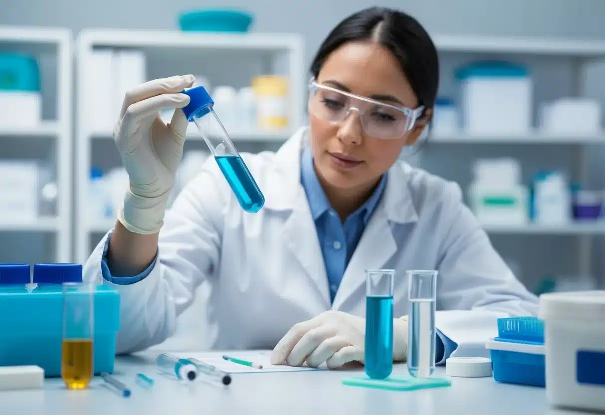 A laboratory technician carefully examines a test tube containing a low level of alkaline phosphatase, surrounded by other medical equipment and samples