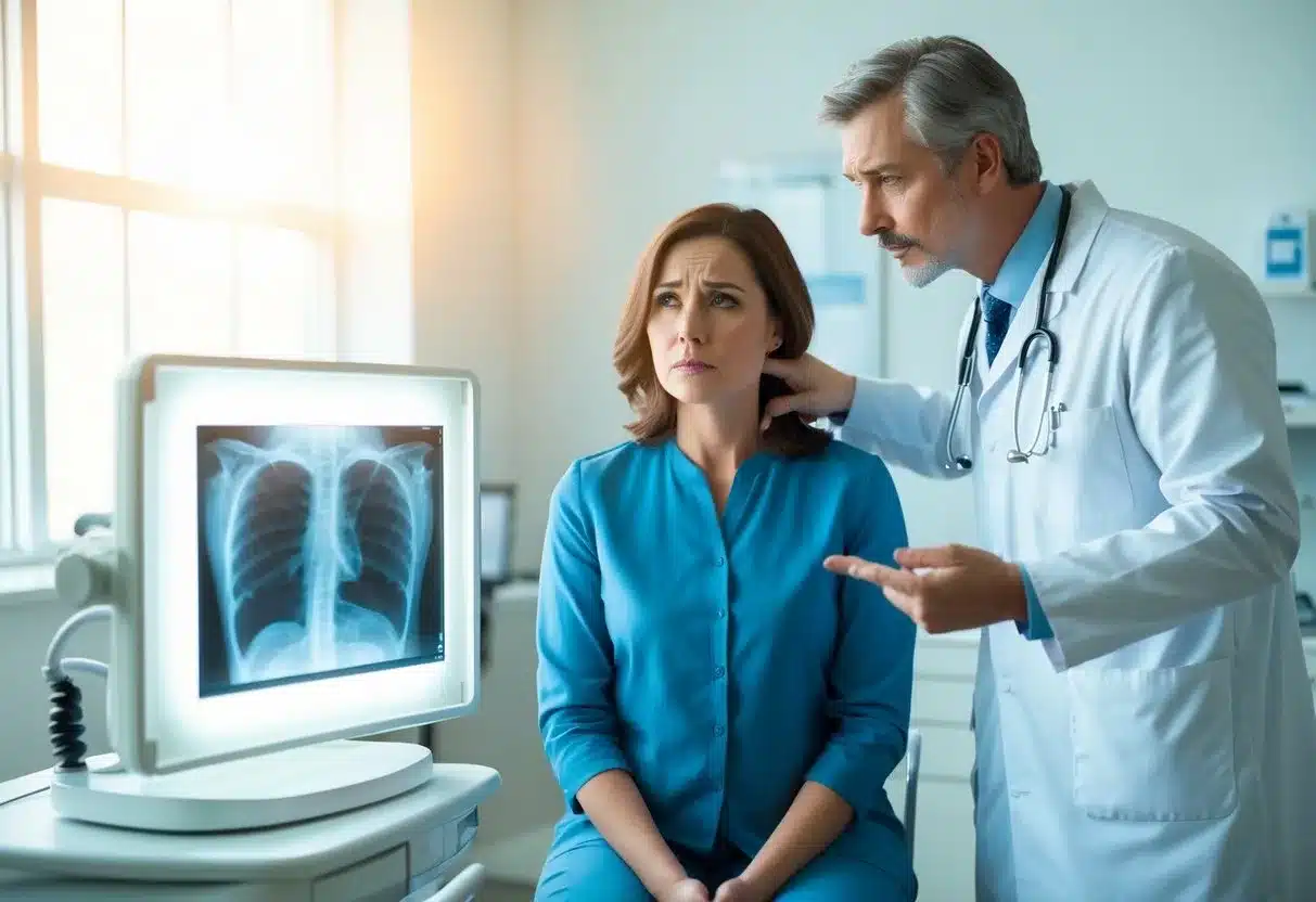 A worried woman sits in a doctor's office, surrounded by medical equipment. The doctor gestures towards an x-ray on a lightbox, indicating an abnormal result