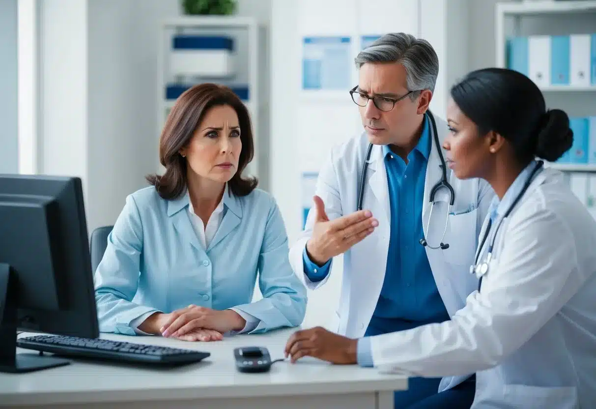 A worried woman sitting in a doctor's office, listening intently as the physician explains her abnormal mammogram results. The doctor gestures towards a computer screen displaying the images