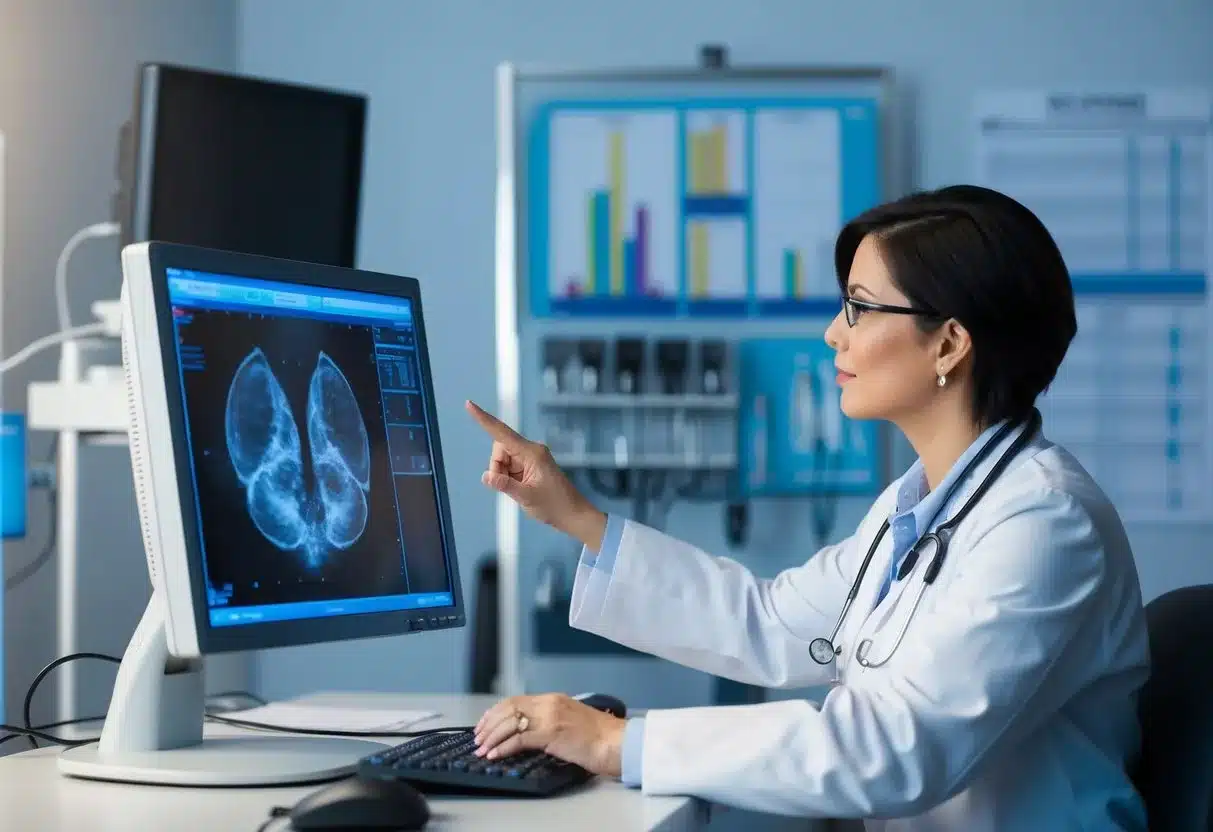 A radiologist studying an abnormal mammogram on a computer monitor, with various medical charts and equipment in the background