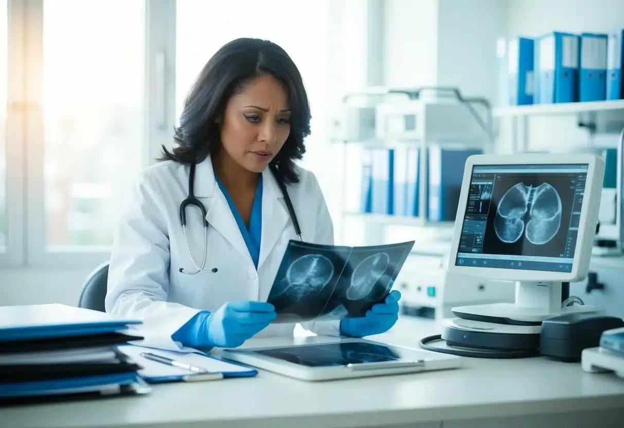 A radiologist studying an abnormal mammogram result, surrounded by medical equipment and files, with a concerned expression