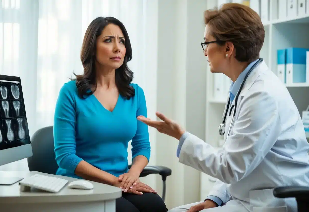 A woman sits in a doctor's office, looking concerned as she listens to the doctor explain her abnormal mammogram results. The doctor gestures to a computer screen displaying the images