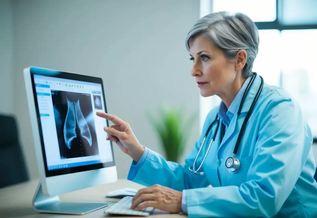 A doctor reviewing a mammogram result on a computer screen, with a concerned expression