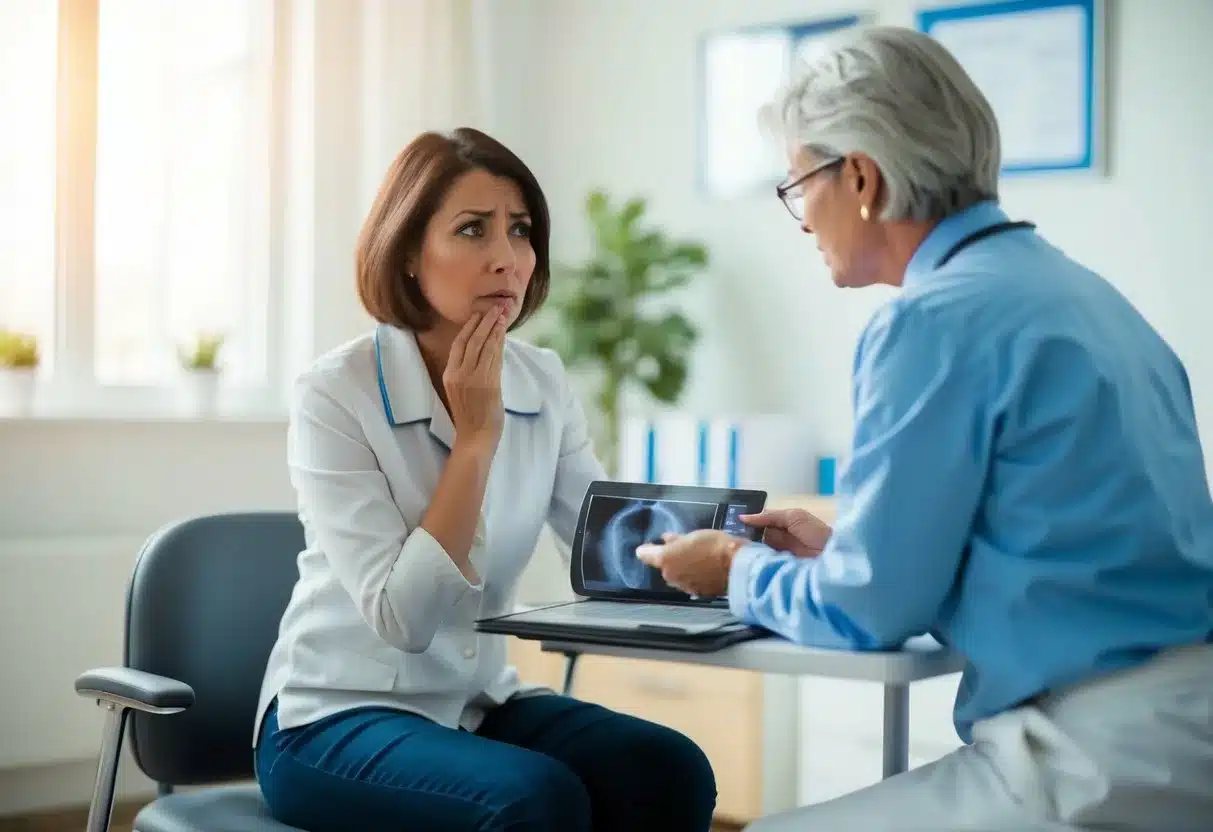 A worried woman sitting in a doctor's office, with a concerned look on her face as the doctor discusses her abnormal mammogram results