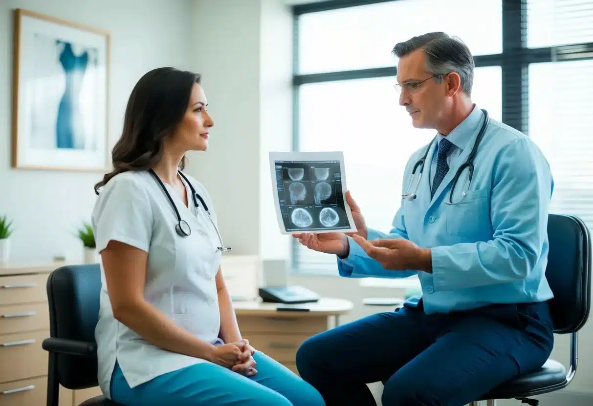 A woman sits in a doctor's office, receiving an abnormal mammogram result. The doctor is explaining next steps and treatment options