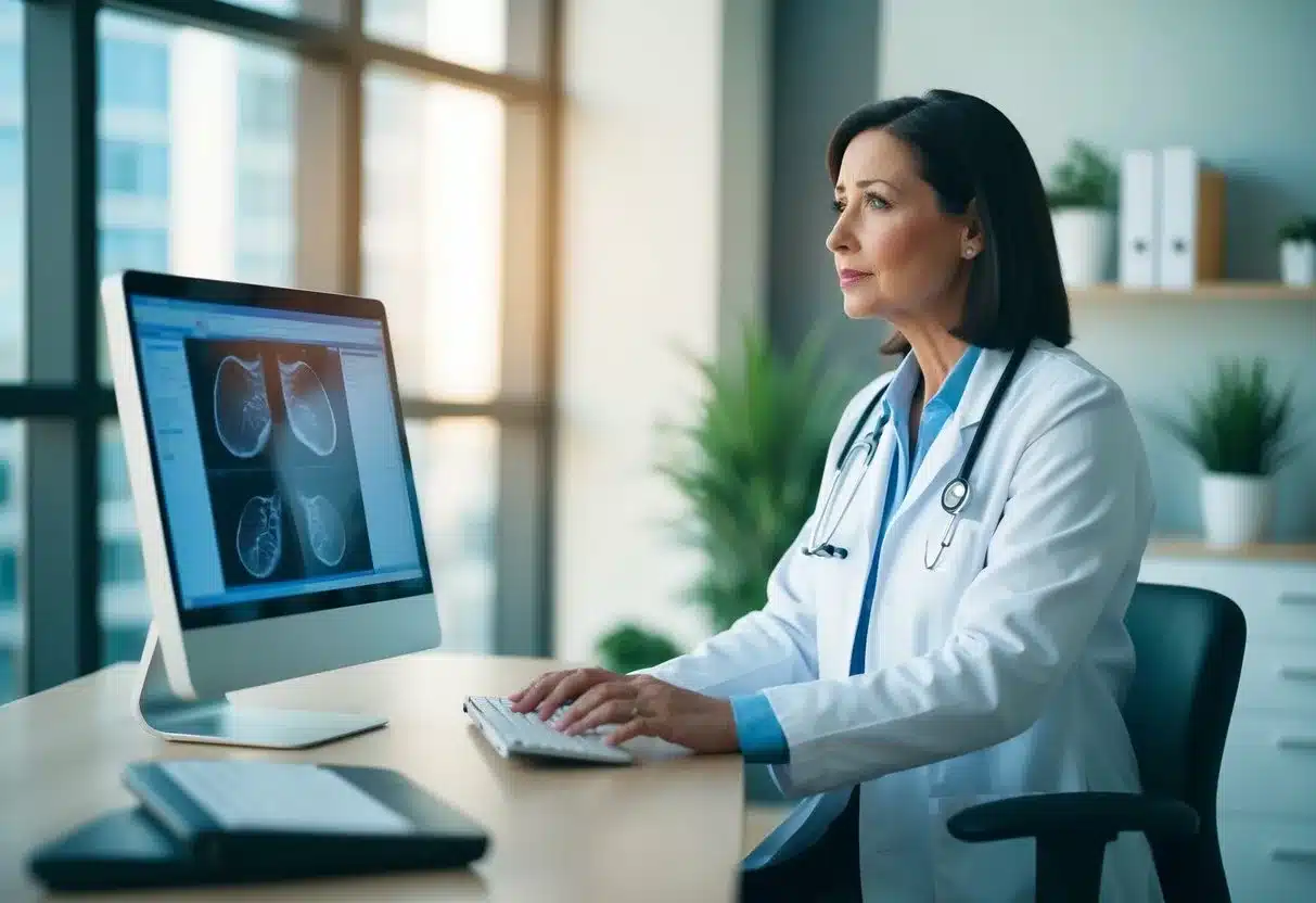 A woman sits in a doctor's office, looking at a computer screen with a concerned expression as the doctor explains her abnormal mammogram results