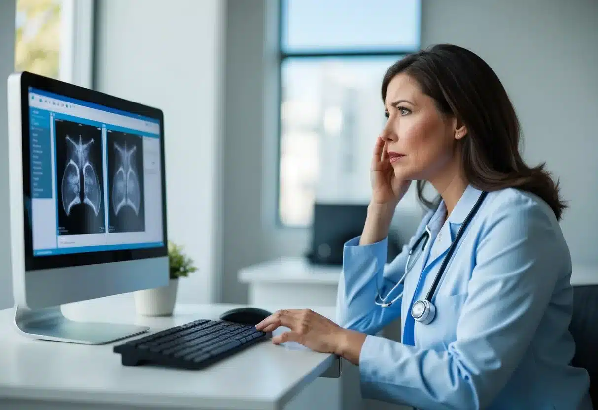 A worried woman sitting in a doctor's office, looking at a mammogram result on a computer screen with a concerned expression